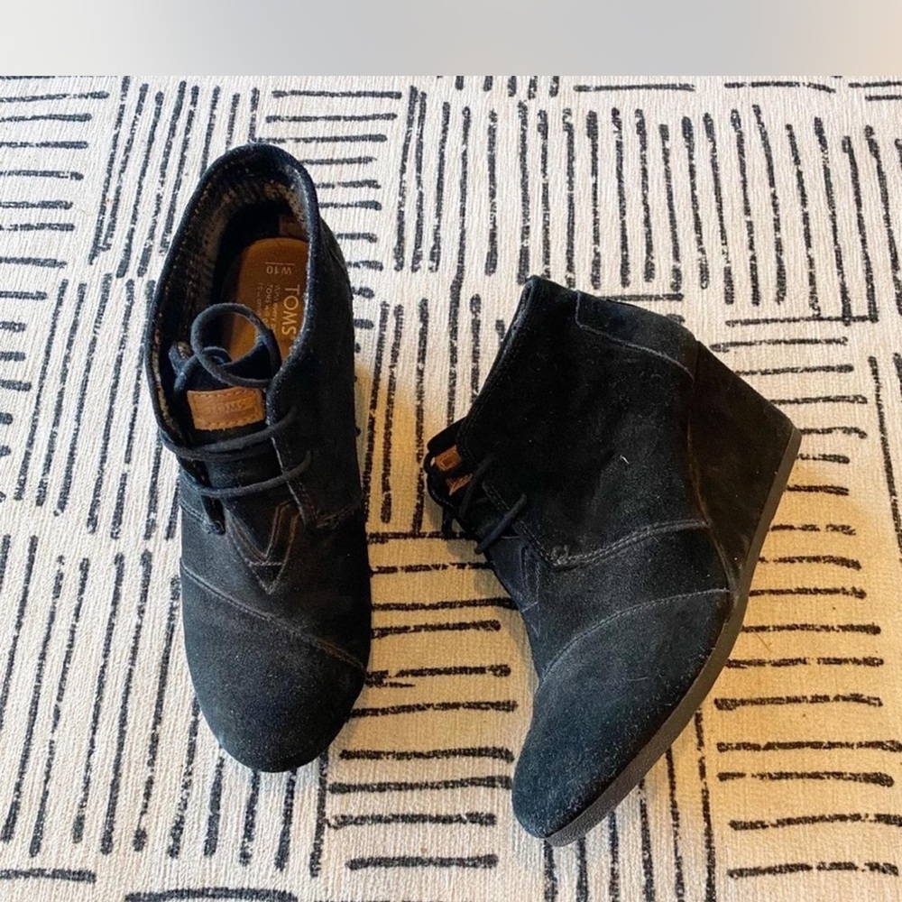 TOMS Black Suede Ankle Wedges